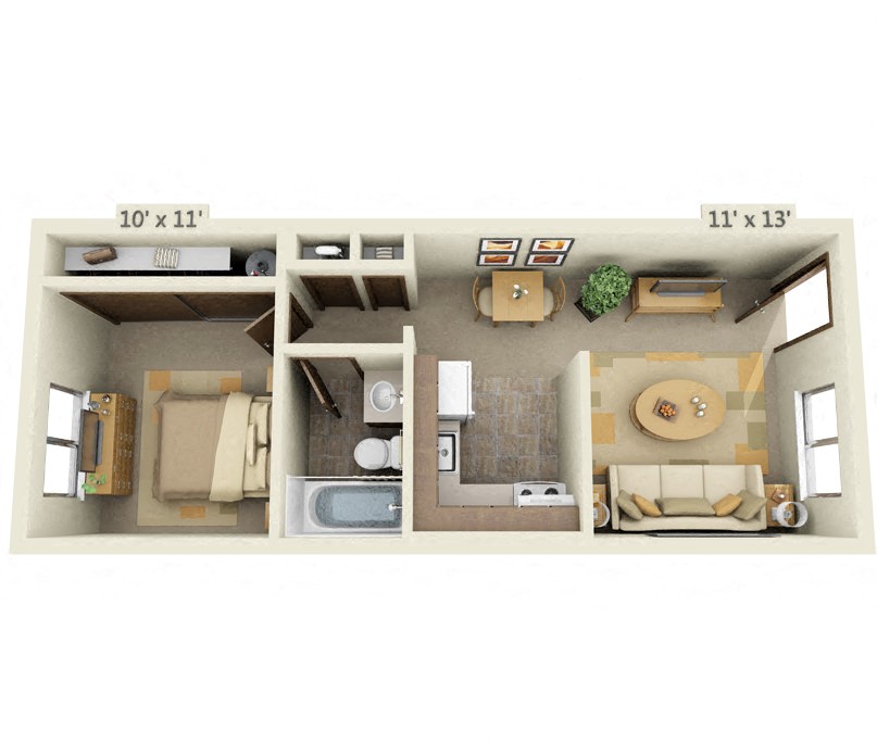 Floor plan for 1 bed, 1 bath, 476 sqft